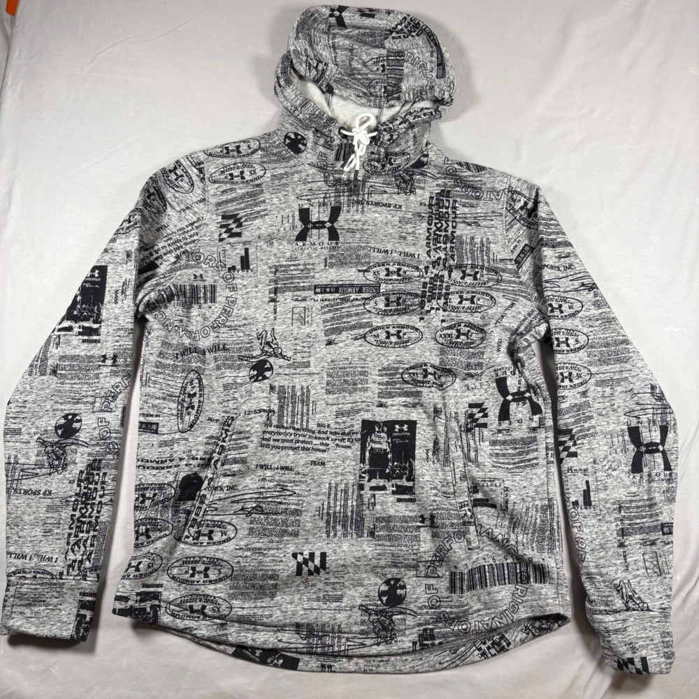 Under Armour Mens Rival Fleece Newspaper Print Hoodie‎ Gray Black 1361461 Size L
